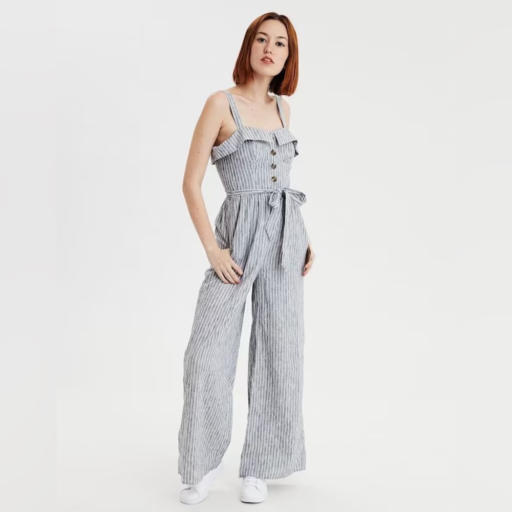 American Eagle Outfitters Gray Striped Wide-Leg Jumpsuit